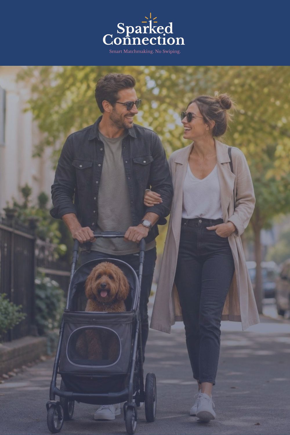 A smiling childfree couple walking their dog in a pet stroller through a leafy neighbourhood street, representing the intentional, shared-lifestyle relationships childfree daters are building.