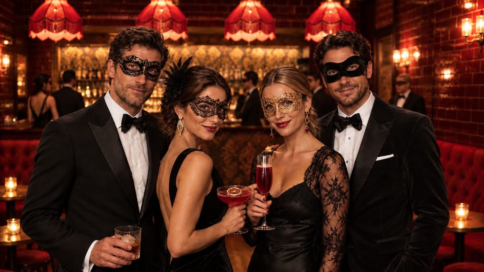 Four guests in black tie and masquerade masks holding cocktails at a masked Halloween singles evening in a red-lit Soho bar in London